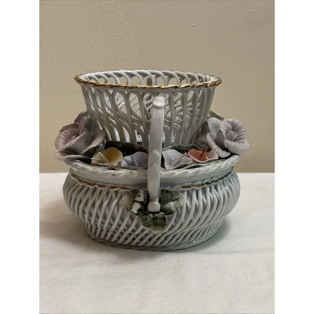 Vintage Porfin Cluj Napoca Reticulated Porcelain Basket Vase Romania Iris Flower